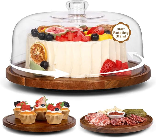 Bellsal Cake Stand with Dome Lid, 12in Acacia Wood Cake Plate with Cover, Wooden Cake Display Stand with Acrylic Dome, Cake Decorating for Baking Gift