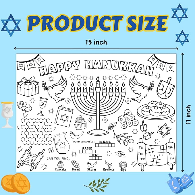 45pcs Hanukkah Disposable Coloring Placemats Hanukkah Crafts for Kids Coloring Poster Party Supplies School Classroom Activities Paper Table Mats