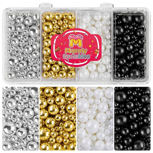 Edible Pearls Sprinkles for Cake Decorating, 4 Colors White Gold Silver Black Sprinkles for Cupcakes Ice Cream Dessert 4.6oz