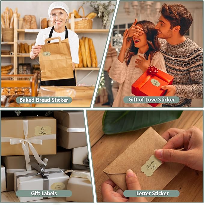300 Pcs Kraft Labels Stickers, 1.2x2 Inch, 3 Decorative Designs, Writable for Gift Wrapping, Pantry Storage, Jars & Wedding Decor