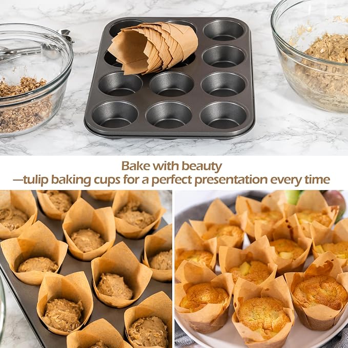 Ruisita 150 Pcs Mini Cupcake Liners Muffin Liners Baking Cups | Tulip Cupcake Liner for Baking Wedding, Birthday, Baby Shower Parties, Natural