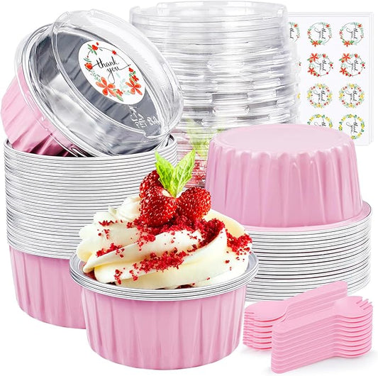 30Pcs Mini Cake Pans with Lids Aluminum Foil, ZOXILEN 5oz Disposable Mini Loaf pans with Lids and Spoons, Small Baking Cups Pie Tins Muffin Pan Cheesecake Containers for Party Pink Round