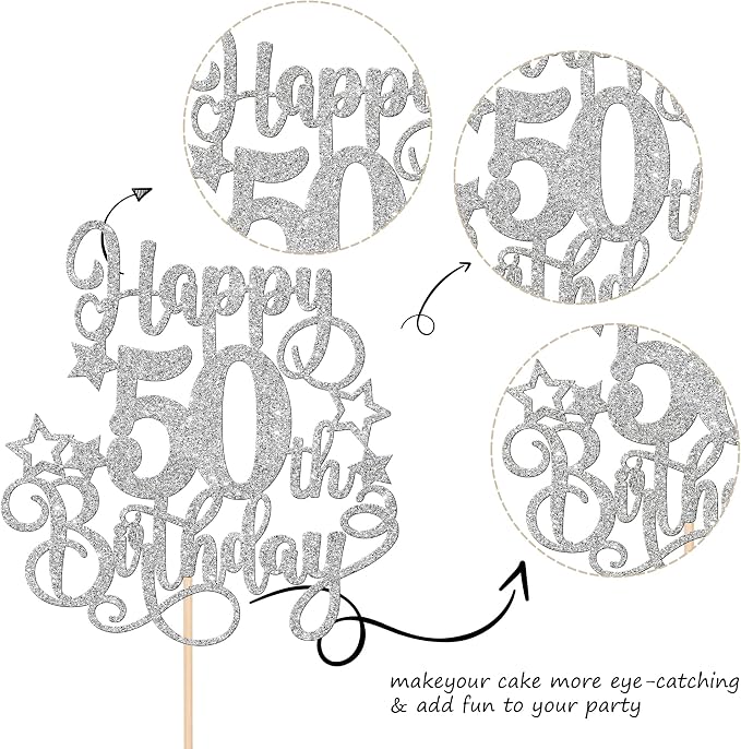 1 PCS Happy 50th Birthday Cake Topper Glitter Cheers to 50 Years Birthday Cake Pick Hello 50 Fabulous Cake Decoration for Happy 50th Birthday Anniversary Party Decorations Supplies Silver