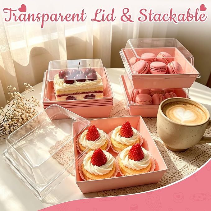 Nexboraque 100 Pack Small Charcuterie Boxes with Clear Lids, 5 Inch Cake Disposable Square Dessert Food Box Containers for Cookie, Sushi, Muffins, Fruits Display (Pink)