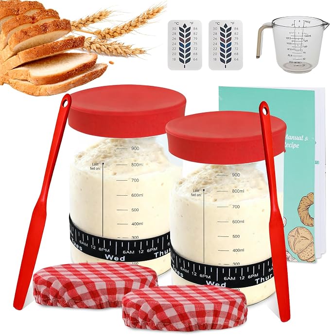 34oz Sourdough Starter Jar Kit,Wide Mouth Sourdough Starter Container with Feeding Tracking Band, Silicone Spatula&Sourdough Starter Kit-Baking Supplies(2 pack). (Red)
