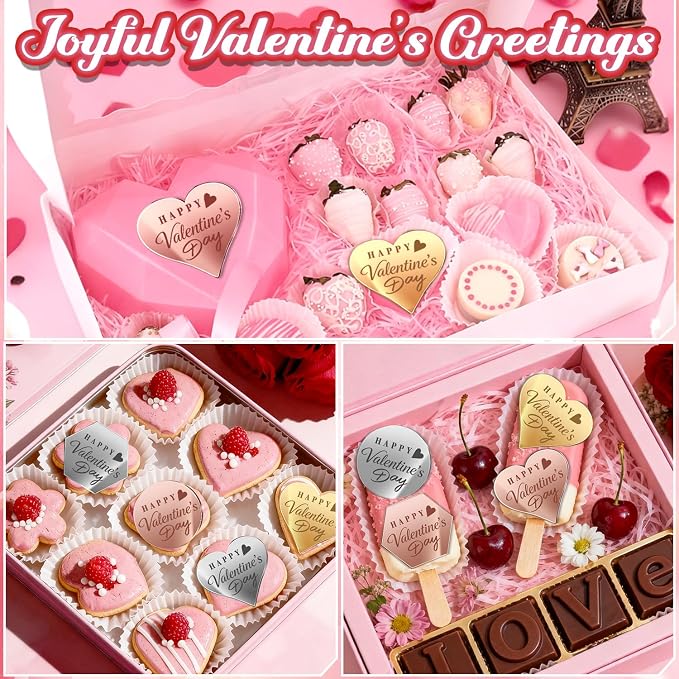 45PCS Happy Valentine's Day Cake Toppers, Mirror Acrylic Cupcake Toppers 3 Multi-shape & 3 Different Color Custom Cupcake Picks for Valentine Party Anniversary Pastries Decorations