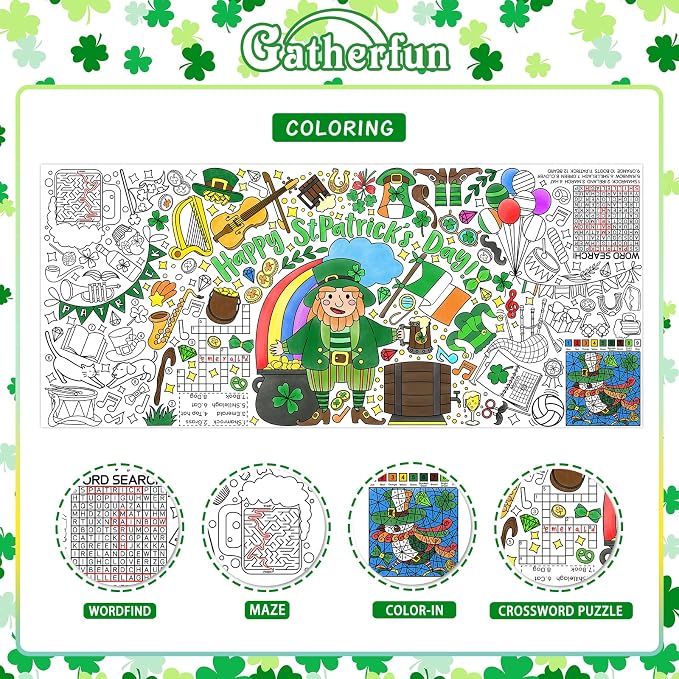 Gatherfun St. Patrick's Day Coloring Poster for Classroom Wall - Versatile 31.5 x 72 Inches irish themed Activity Poster/Table Cover, School Parties, St. Patrick's Day Party Decoration