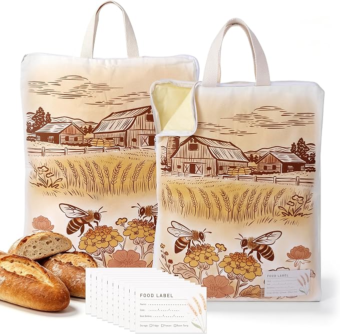 2 Pack Beeswax Bread Bags for Sourdough, 17x13 Inch Reusable Cotton Bread Storage Bags with Zipper and Handle Natural Beeswax Lining Freezer Friendly with 10 Food Labels Included (Farm Bees)