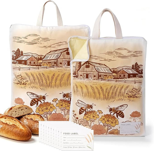 2 Pack Beeswax Bread Bags for Sourdough, 17x13 Inch Reusable Cotton Bread Storage Bags with Zipper and Handle Natural Beeswax Lining Freezer Friendly with 10 Food Labels Included (Farm Bees)