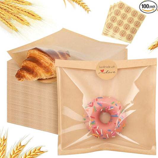 100 Pcs Cookie Packaging Bags with Window, 7.1" x 7.5" Kraft Paper Bakery Bags, Heat-Sealable & Grease-Resistant Pastry Bags with 128 Stickers for Cookies, Donuts, Sandwiches, Party Treats (Brown)