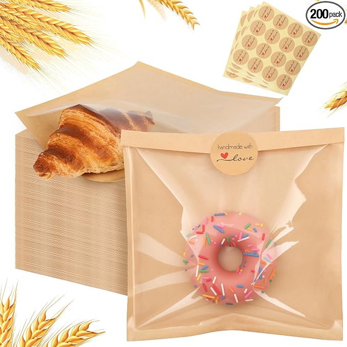 200 Pcs Cookie Packaging Bags with Window, 5.7" x 6.5" Kraft Paper Bakery Bags, Heat-Sealable & Grease-Resistant Pastry Bags with 240 Stickers for Cookies, Donuts, Sandwiches, Party Treats (Brown)