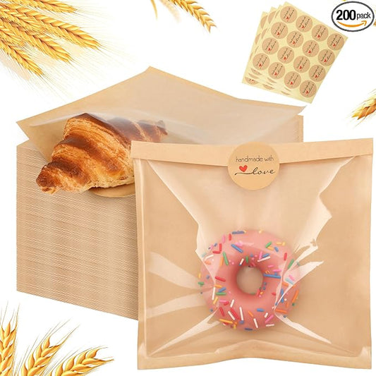 200 Pcs Cookie Packaging Bags with Window, 5.7" x 6.5" Kraft Paper Bakery Bags, Heat-Sealable & Grease-Resistant Pastry Bags with 240 Stickers for Cookies, Donuts, Sandwiches, Party Treats (Brown)