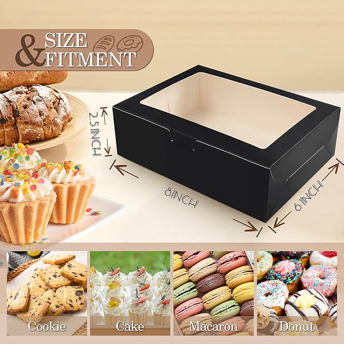 KPOSIYA 65 PCS 8x6x2.5 Inch Cookie Boxes with Window Black Bakery Boxes Pastry Boxes for Gift Giving, Treat, Dessert, Cupcakes, Chocolate, Strawberries, Donuts, Muffins (5 Style Windows)