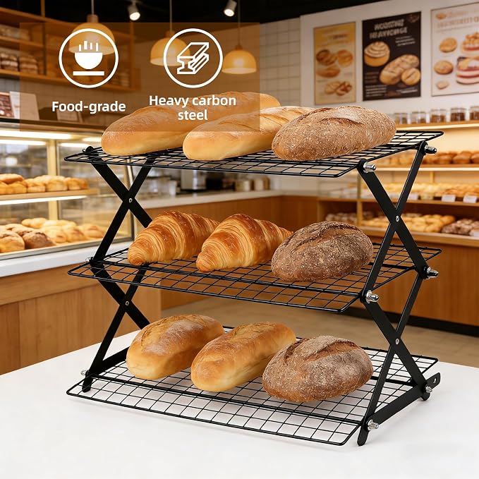 3 Tier Collapsible Cooling Rack with Adjustable 6 Setting Design stackable wire rack for baking sheet for Cookies Baking Gifts for Women (Black, 3-Tier)