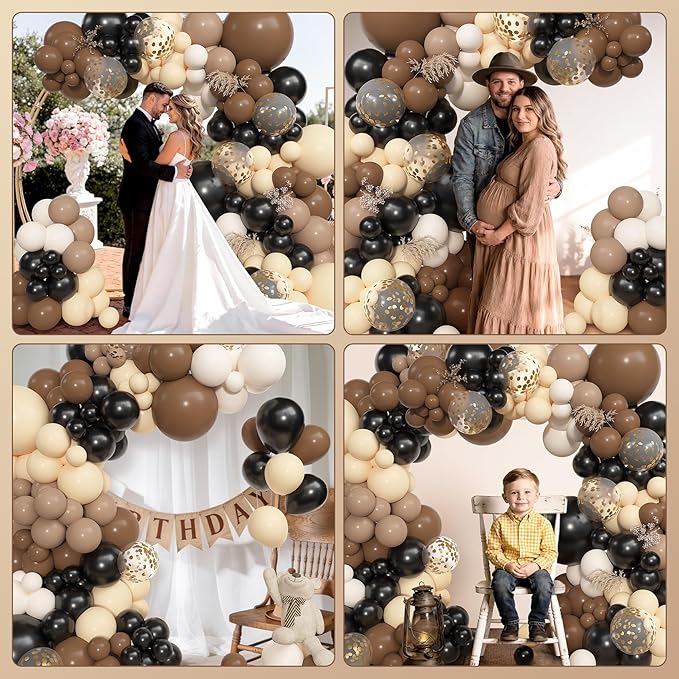 Amandir 153pcs Black Brown Balloon Garland Arch Kit, Different Sizes 18 12 10 5 inch Nude Sand White Latex Metallic Confetti Balloons for Western Country First Rodeo Farm Birthday Party Decorations