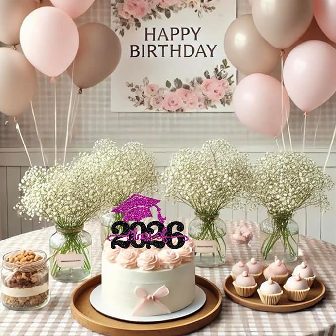 1 Pack Class of 2026 Cake Topper Glitter Congrats Grad Cap 2026 Graduation Cake Pick for 2026 Graduation Theme High School Boys Girls Graduate Party Cake Decorations Supplies Black Purple