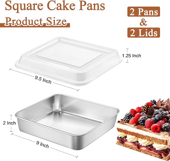 LIANYU 9 x 9 Baking Pan with Lid Set, 4 Pack Stainless Steel Square Cake Pans, Deep Brownie Baking Dish for Oven, Dishwasher Safe & Heavy Duty (4 Pan +4 Lid)