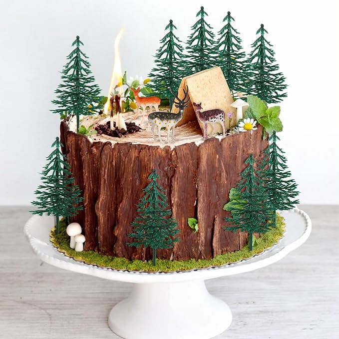 Hooqict 15Pcs Deer Christmas Tree Cake Topper with Tree Deer Figurines Hunting Cake Decorations for Winter Forest Woodland Birthday Party Supplies Animals Christmas Decorations