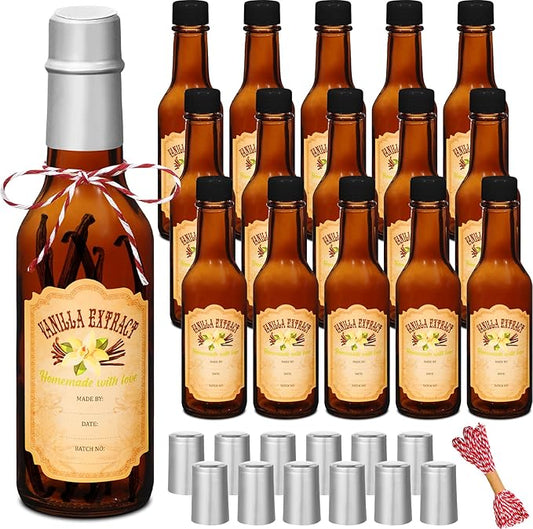Tioncy 16 Pcs Empty Vanilla Extract Bottles for Homemade Vanilla Jar Glass Bottle with Cap, Shrink Band, Sticker DIY Crafts Wedding Gift Food Storage Canister for Bean(Brown, Silver,5 oz)