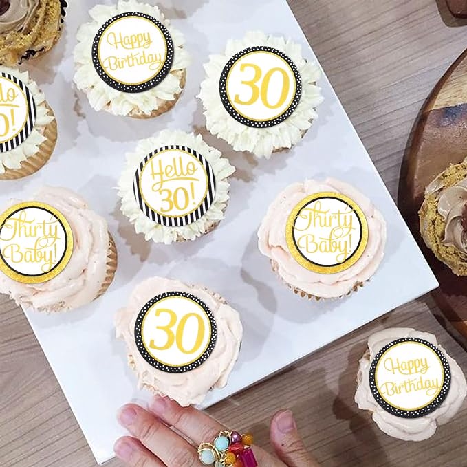 40Pcs Edible Circle Happy 30th Birthday Cupcake Toppers Edible Golden Hello 30 Thrity Baby Cupcake Picks Drink Toppers for Funny 30th Birthday Party Decorations