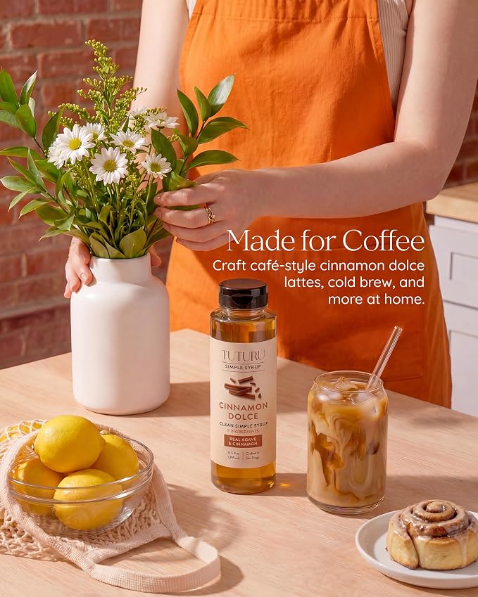 Cinnamon Dolce Simple Syrup for Coffee, Cocktails, Tea, Matcha - Sweetened with Agave Nectar - Clean Simple Syrup with Real Cinnamon, Molasses and Vanilla - 13.5 oz