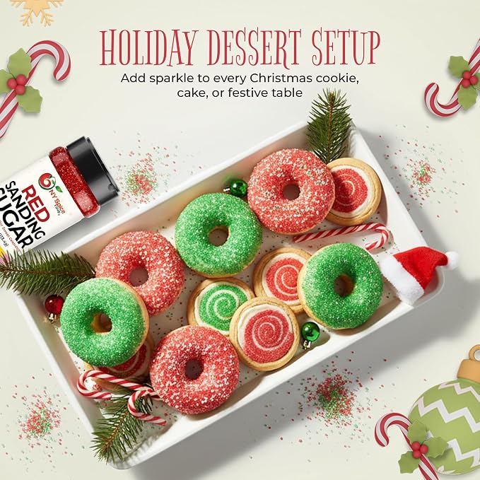 NY Spice Shop Sanding Sugar – Pack of 3 Red Green & White Baking Sugar Crystals - Holiday Dessert Decorations & Colorful Sugar - Themed Baking Supplies
