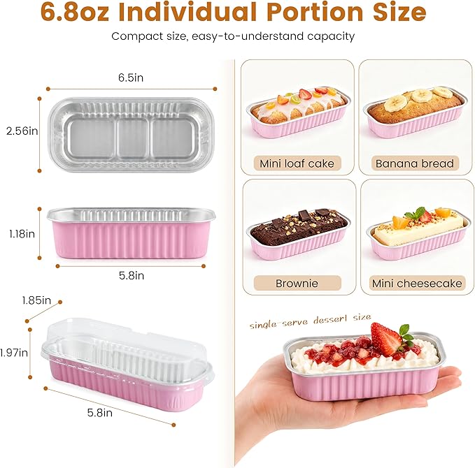 Mini Cake Pans with Lids, 100 Pack Pink 6.8oz for Picnic Desserts | Use for mini cheesecakes, brownies, puddings and bakery samples; simple structure is easy to understand at a glance.