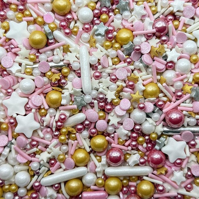 SE Si&Moos Pink Sprinkles 4.6 OZ Pink White and Gold Edible Pearls for Cake Decorating Pink Gold and White Pearl Sprinkles for Baby Shower Halloween Christmas Cookie Decorations