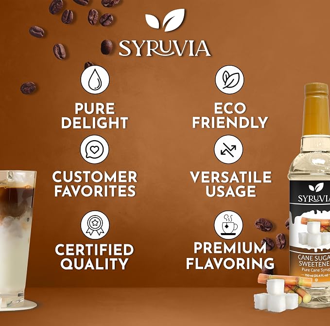 Syruvia Coffee Syrup, Cane Sugar Sweetener Flavored Syrup for Drinks, Lattes, and Desserts – 25.4 fl oz - with Pump