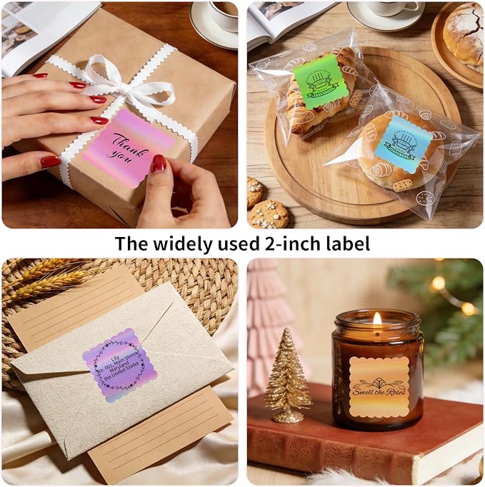 2"x2" Holographic Thermal Labels, 300 Pcs Scalloped Square Sticker Paper for Small Business, Custom Logo, Thank You, Glitter Rainbow Effect, Waterproof (5 Assorted Colors, Not Pre-Printed)