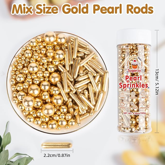Gold Pearl Sprinkles,Edible Rods Pearl Sugar Candy Mix Size,130g/4.58oz,Baking Edible Cake Decorations,Cupcake Toppers,Cookie Decorating Donuts Ice Cream,Food Grade,Holiday Wedding Birthday Party Supplies