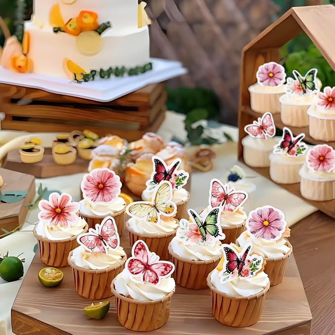 48Pcs Edible Flowers Blossom Cupcake Toppers Butterfly Edible Cupcake Toppers Floral Butterflies Drink Topper for Spring Baby Shower Floral Wedding Girls Birthday Mother's Day Cupcake Decorations