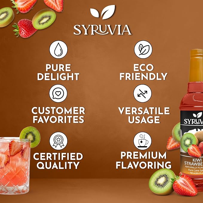 Syruvia Strawberry Kiwi Syrup, Naturally Flavored Syrup for Drinks, Lemonades, Iced Teas, and Desserts – 25.4 fl oz - with Pump