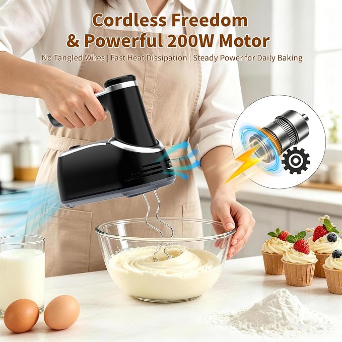 binROC Cordless Electric Hand Mixer, 12-Speed Rechargeable Handheld Mixer with Eject Button, 6 Stainless Steel Attachments, Snap-On Storage Case, LED, Self-Stand for Baking, Cake, Dough, Egg (Black)