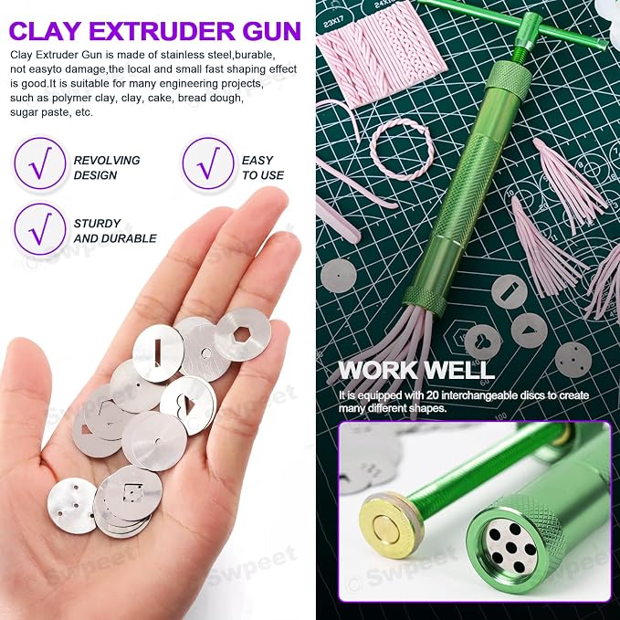Swpeet 122Pcs Green Clay Extruder Gun and Fondant Cake Mold with Cookie Plunger Cutter Tool Polymer Clay Cutters Kit, Perfect for Clay Cake DIY Craft Cake Decorating Supplies Modeling Tool