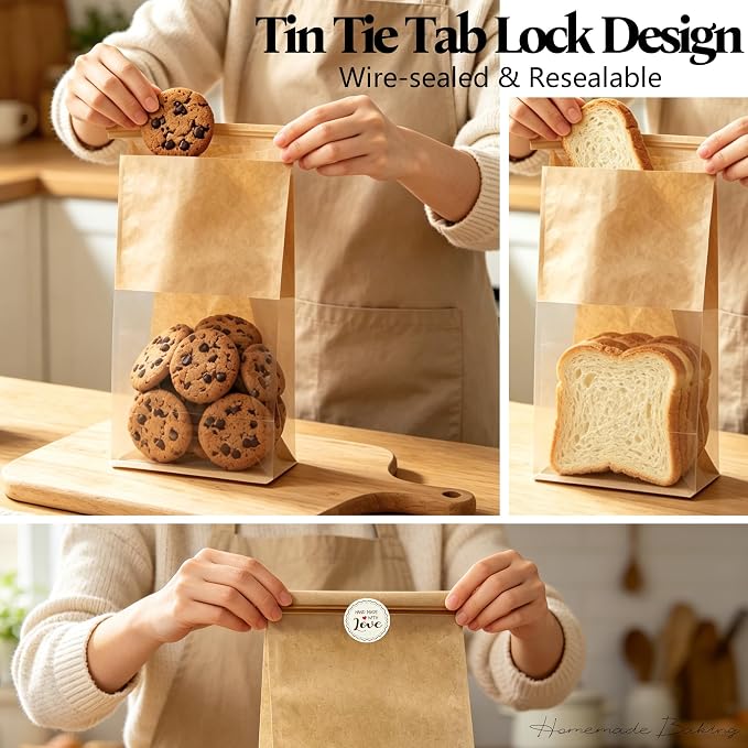 Cookie Bakery Bags with Window Small Bread Baked Goods Packaging Tin Tie Tab Closure & Cute Sticker for Candies, Treats, Snack - Brown Kraft Paper 20 Pcs 11x5.1x3.9 Inch