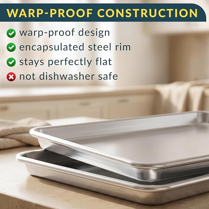 Baker’s Signature 13" x 9" Aluminum Cookie Sheets for Baking Set of 2, Quarter Baking Sheet Pans - Anti-Warp, Reinforced Encapsulated Steel Rim, Easy to Clean