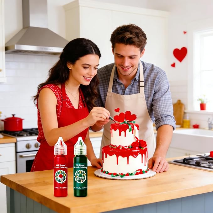 Oil Based Food Coloring for Chocolate - 2 Vibrant Valentine‘s Day Food Colors (Red, Green - 12ml (0.4floz) Bottles - Edible Dye for Baking, Cookies, Frosting & Cake Decorating - Non-GMO,Vegan
