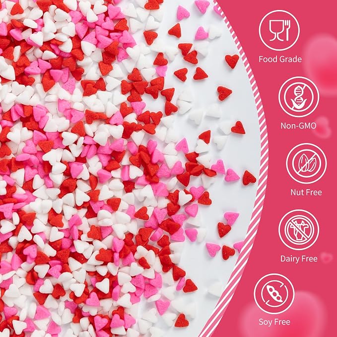 Edible Heart Sprinkles for Cake Decorating,Red Pink White Small Heart Shapes Mix,Miniature Sugar Sprinkle for Baking Decorations,Cake Ice Cream Cookies Cupcake Chocolate Topper Birthday Wedding Mother's Day Supplie