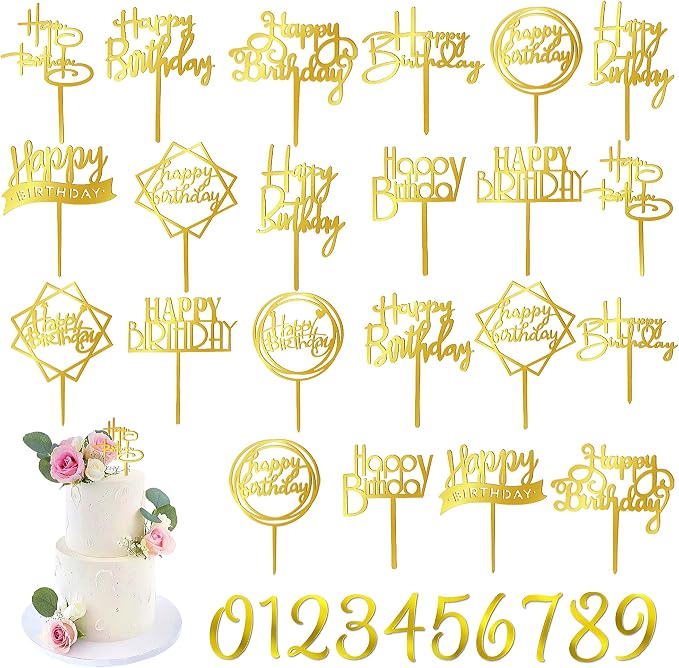 50 PCS Gold Happy Birthday Cake Topper Acrylic Cupcake Topper Pick for Birthday Cake Desserts Decorations (Gold)