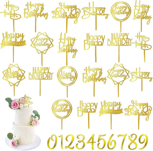 50 PCS Gold Happy Birthday Cake Topper Acrylic Cupcake Topper Pick for Birthday Cake Desserts Decorations (Gold)