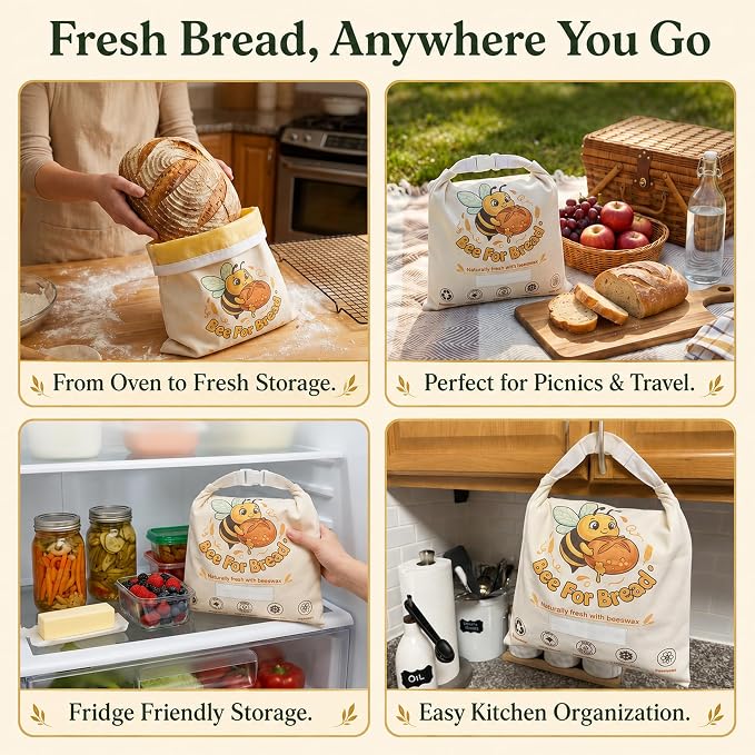 Beeswax Bread Bags for Homemade Bread Sourdough, 2 Pack XL Organic Cotton Linen Beeswax Bread Bag, Reusable Food Storage with Dry Erase Strip, Keeps Fresh, Freezer Safe, Easy Wash, Eco-Friendly