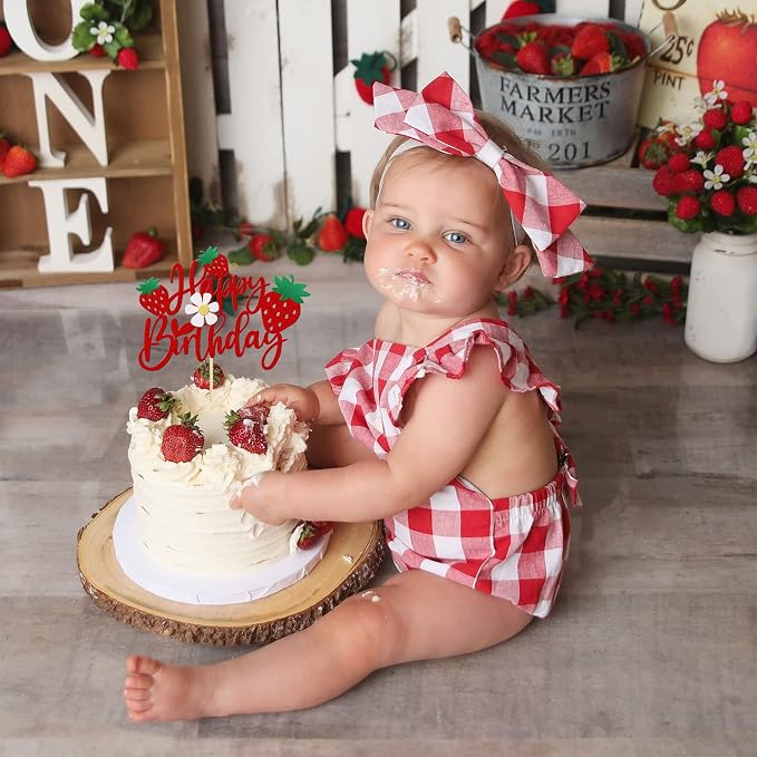1 PCS Strawberry Happy Birthday Cake Topper with Glitter Flower Fruit Theme Birthday Berrry Cake Pick Decorations for Strawberry Theme Baby Shower Kids Birthday Party Cake Decorations Supplies