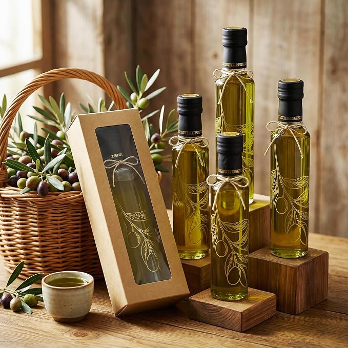 Reallnaive 12 Sets 8 oz Glass Olive Oil Bottles Empty Sauce Condiment Bottles with Tags and Twine and Funnel for Storing Homemade Oil Christmas Wedding Baby Shower Gifts(Olive Leaf, Clear)