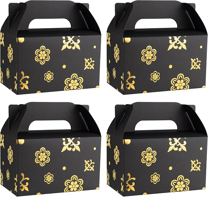 NyuOurea 10 PCS Black Gable Favor Treat Boxes, 6.5 x 4 x 4 Inches Elegant Gift Box with Handle for Guests, Goodie Boxes for Candy, Cookie, Busniess, Graduation, Wedding, Father‘ s Day, Thank You, Birthday, Flower