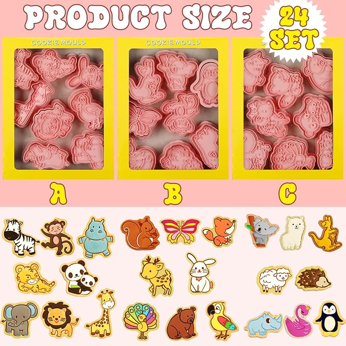 Roshtia 24 Pcs Animal Cookie Cutters with Plunger Stamps Set Plastic 3D Animals Lion Cookie Cutters Stamps for Kids Baking Supplies