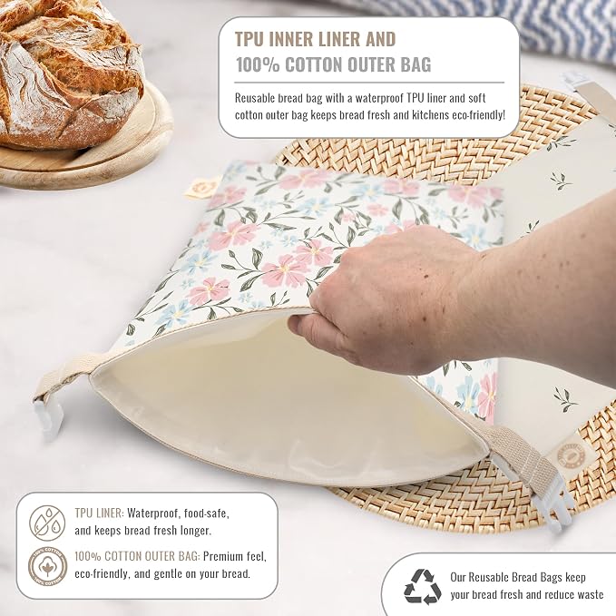 Cozy Bread® Reusable Bread Bag Set for Home Bakers | USA Brand | Charming Bread Designs (Hibiscus)