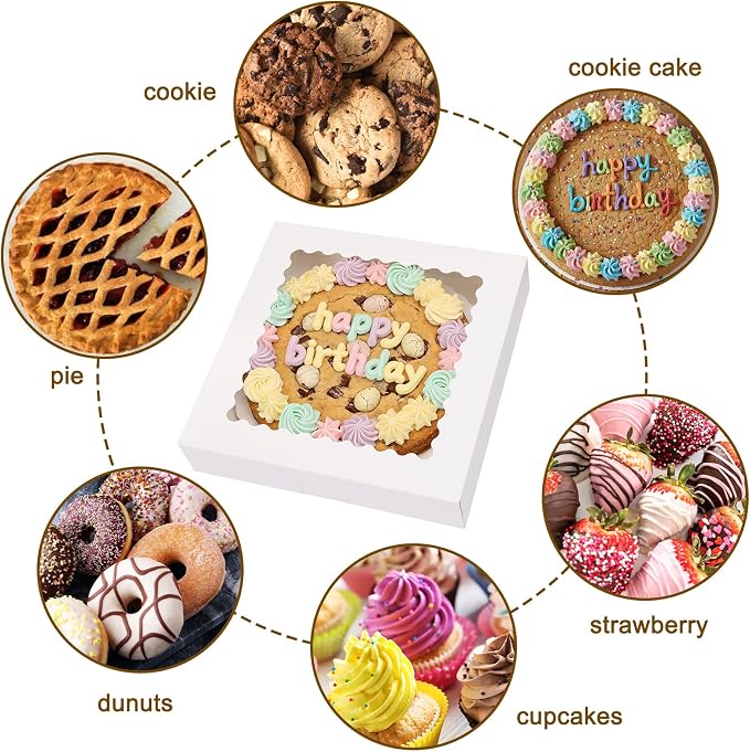 Moretoes 5pcs Pie Boxes, 12x12x2.5 White Bakery Boxes, Auto-Popup Cookie Boxes for Pies, Dessert Boxes Treat Boxes for Pizza, Strawberries, Chocolate, Pastries, Donuts, Graduation Celebration