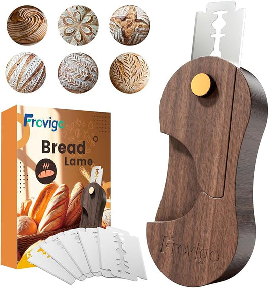 Bread Lame, Scoring Tool for Sourdough with 5 Retractable Razor Blades, Professional Dough Scorer with Magnetic Safety Design, Bread Slashing Tool, Sourdough Knife Supplies for Baking (Walnut)