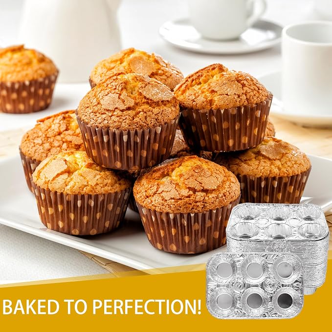 SENENQU Pack of 50 Aluminum Foil Muffin Pans, Holds 6 Cupcakes/Muffin & Pie foil Pan, Standard Size Cupcake Pans, Disposable Muffin Tin for Baking